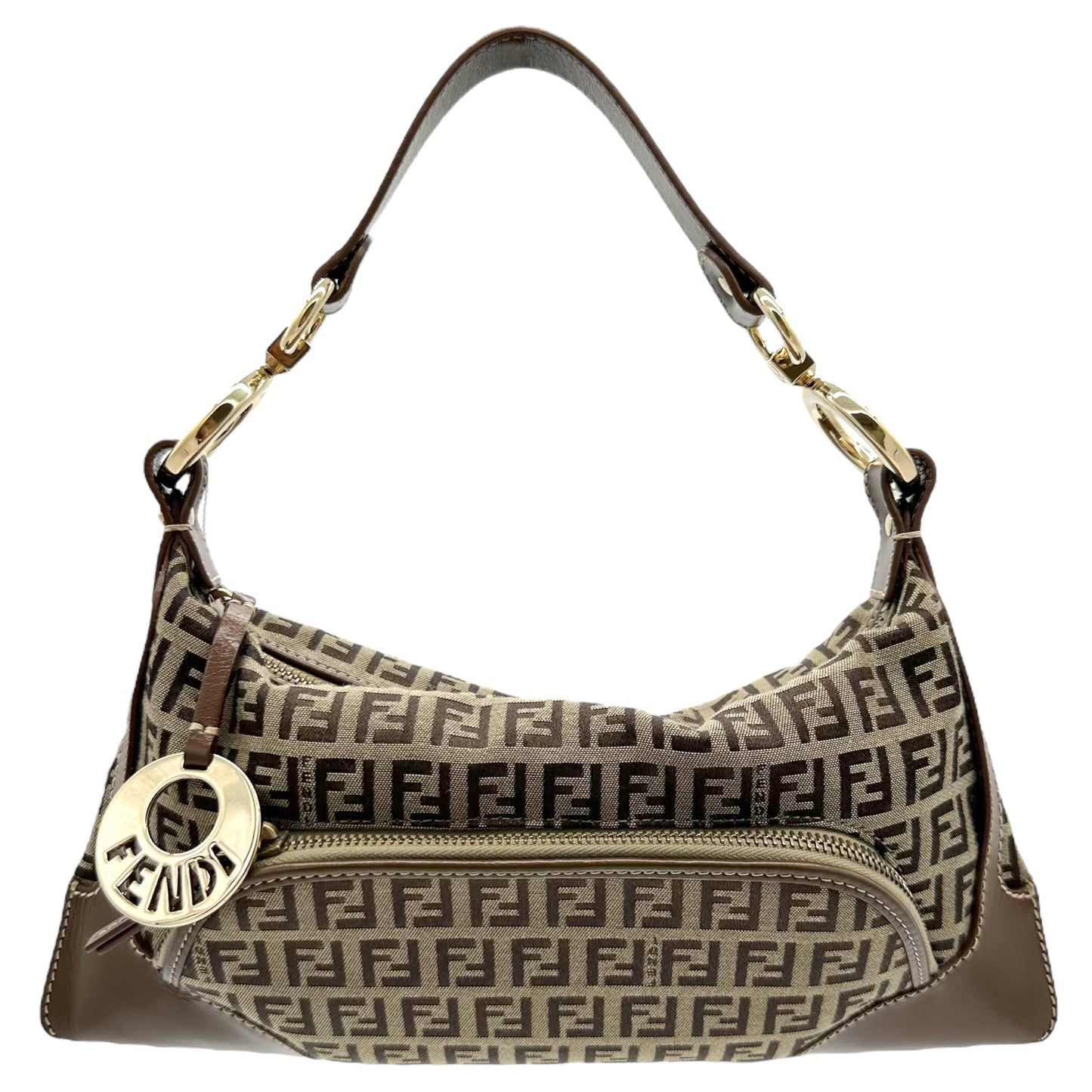 Fendi Brown Leather Trim Zucchino Monogram Shoulder Bag - Outfit Repeater