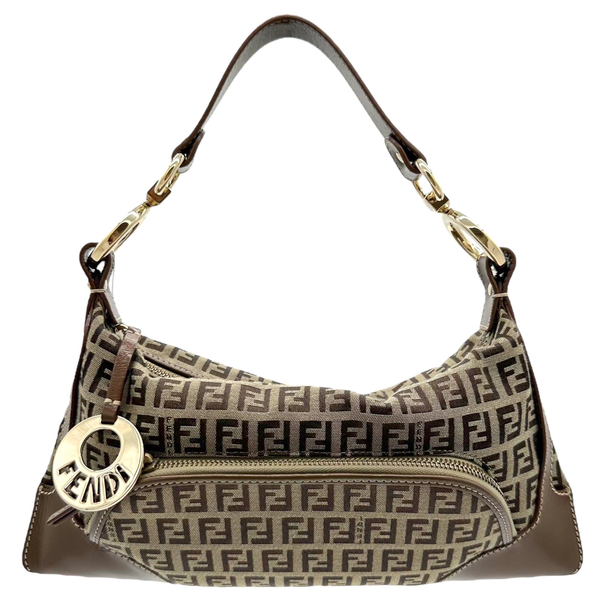 Fendi Brown Leather Trim Zucchino Monogram Shoulder Bag - Outfit Repeater