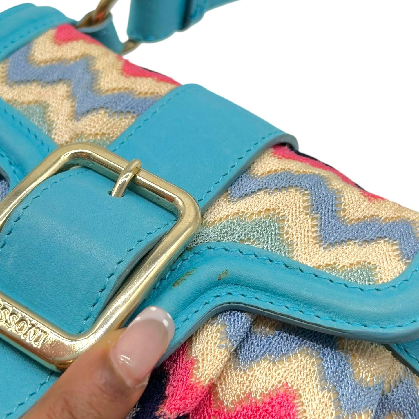 Missoni Blue Leather & Multicolor Chevron Mini Handbag