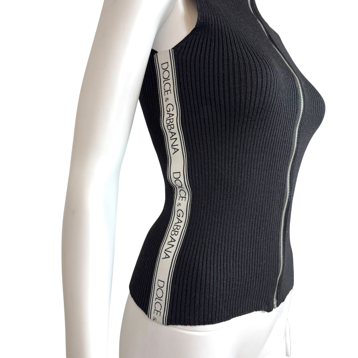 Dolce & Gabbana Black & White Logo Knit Sleeveless Zip-Up Top