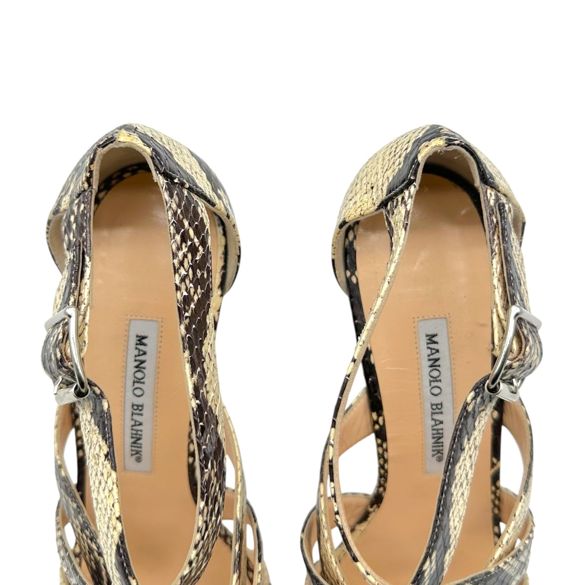 Manolo Blahnik Black & Ivory Python Strappy Heeled Pumps