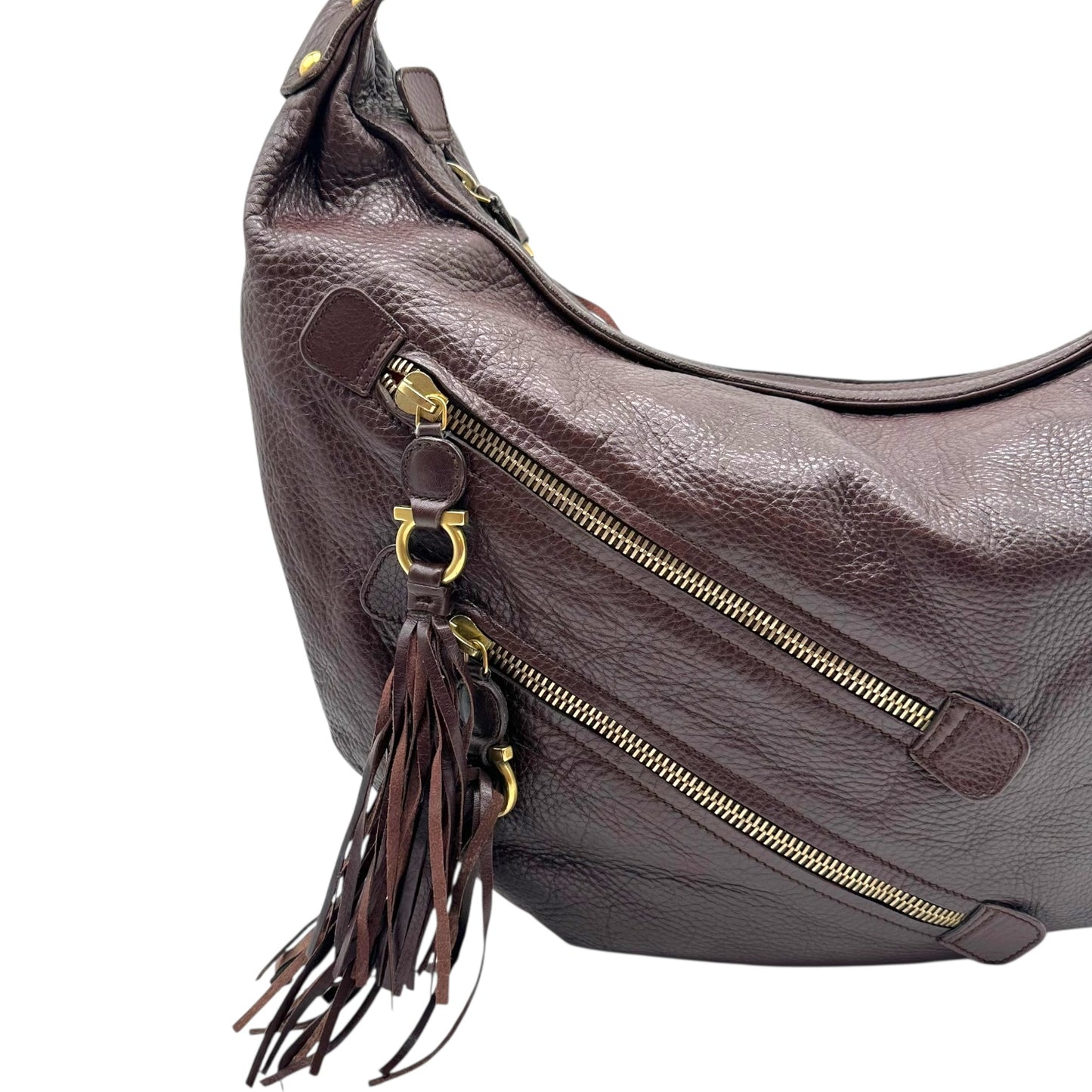 Salvatore Ferragamo Brown Leather Fringe Zip Oversized Hobo Bag