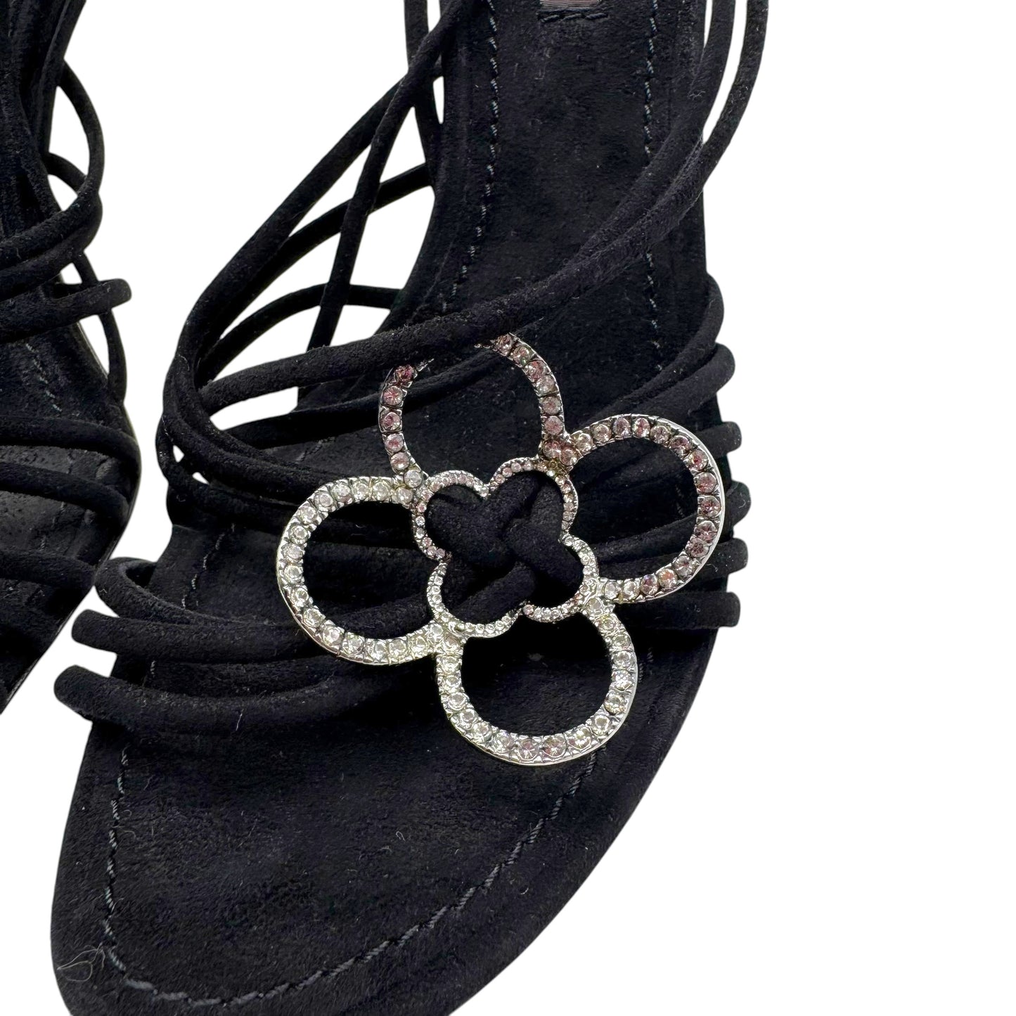 Louis Vuitton Black Strappy Crystal Flower Logo Sandal Heels