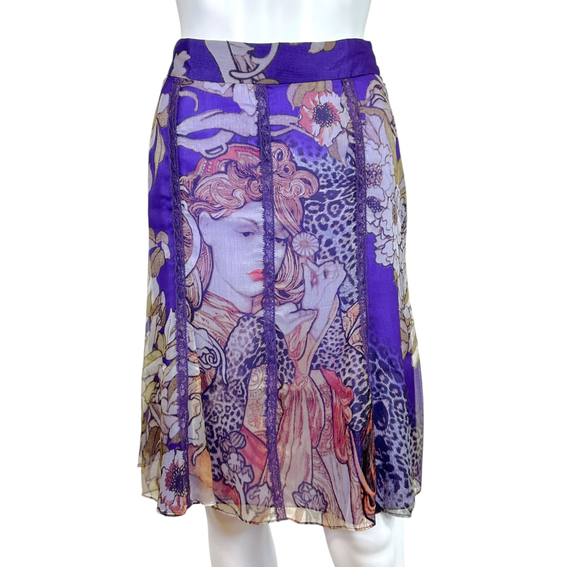 Roberto Cavalli Silk Midi Skirt Purple Floral Leopard Print