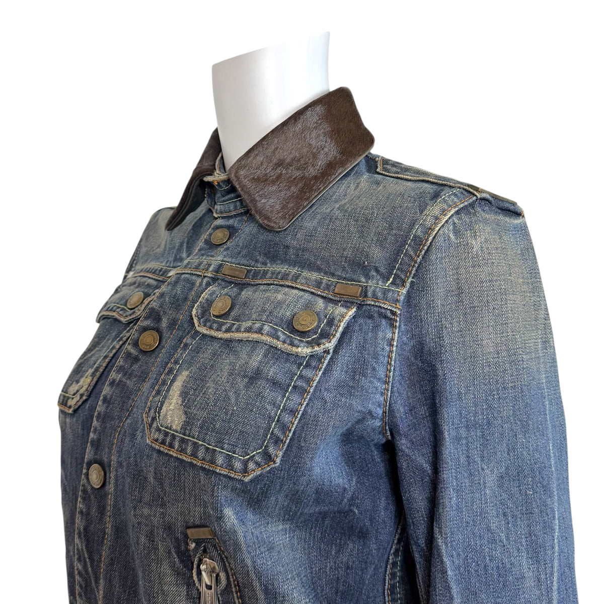Dsquared2 Distressed Denim & Brown Ponyhair Collar Cropped Jacket