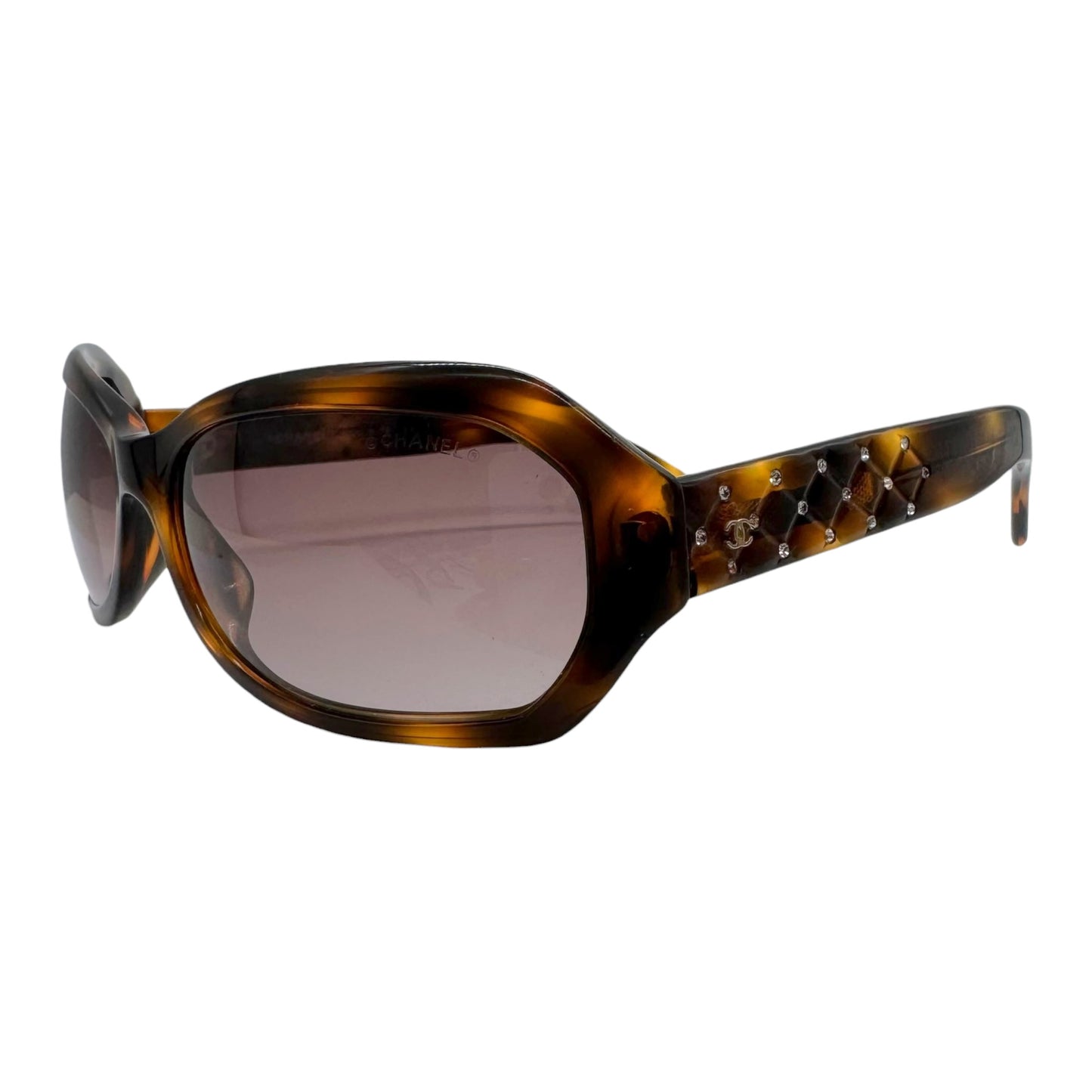Chanel Brown Tortoise Rhinestone Arm Rectangle Sunglasses 5062