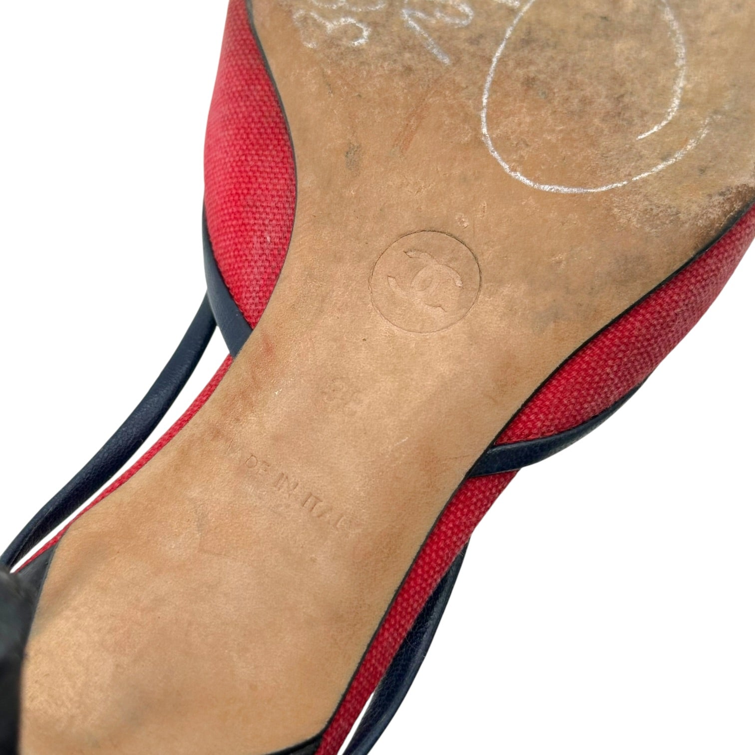 Chanel Red Navy Kitten Heel Mules Gold Clover Charms