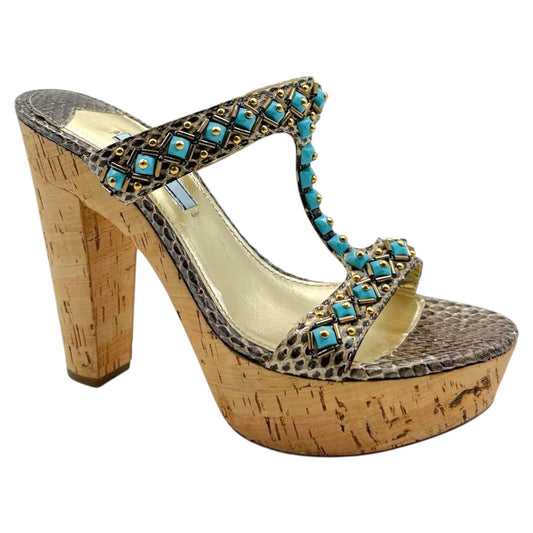 Prada Turquoise Beaded Snakeskin Cork Platform Sandal Heels