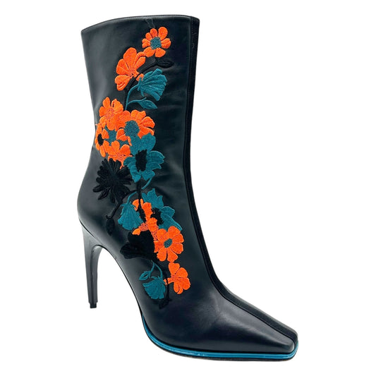 Versace Black Leather Floral Patchwork Heeled Boots