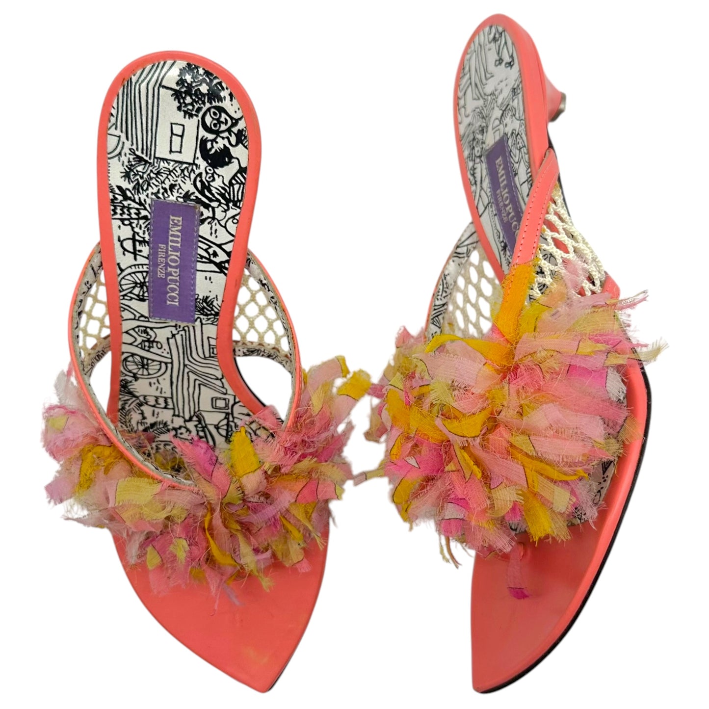 Emilio Pucci Light Pink & Yellow Silk Fringe Trim Heeled Flip Flops