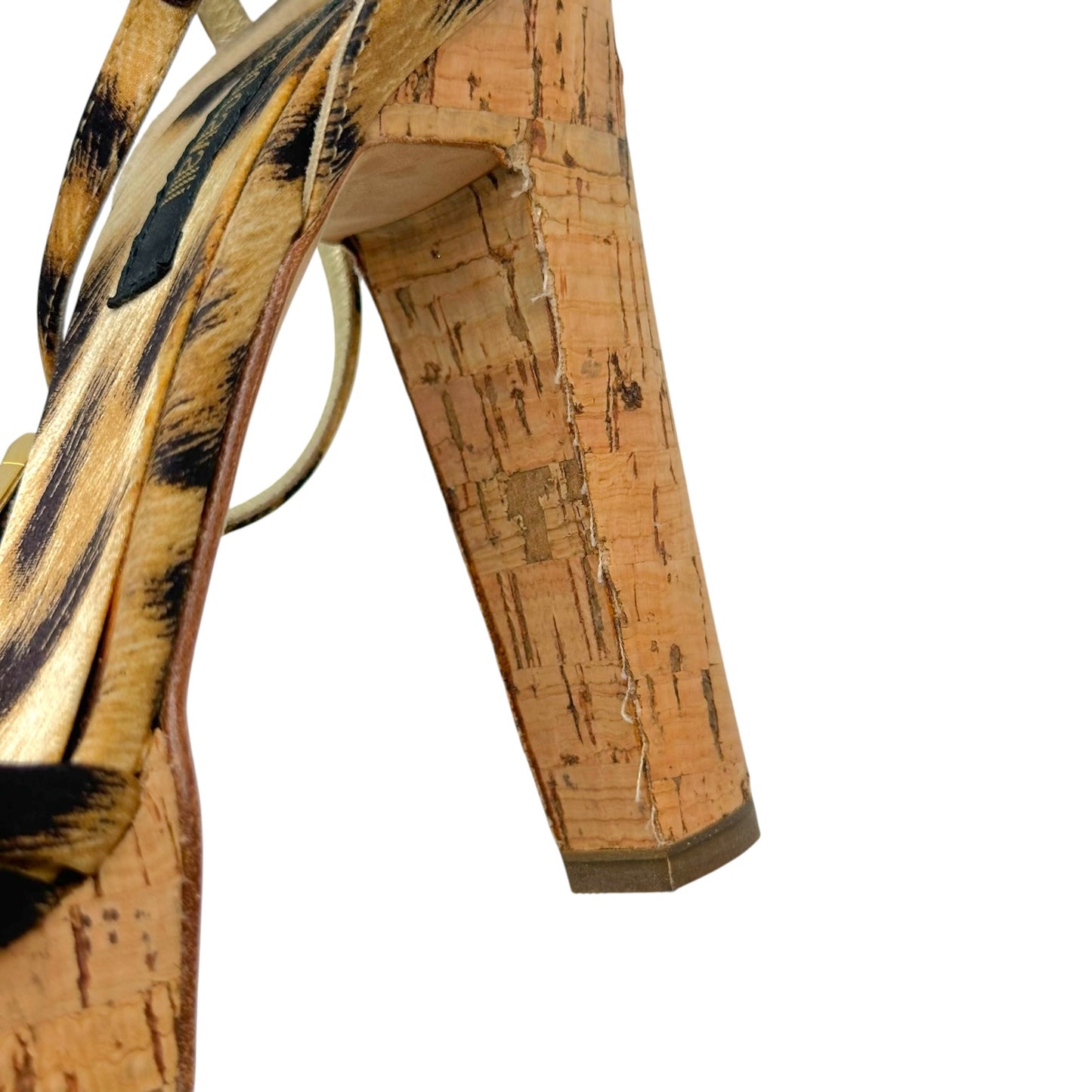 Roberto Cavalli Leopard Satin & Gold Embellished Cork Platform Sandal Heels