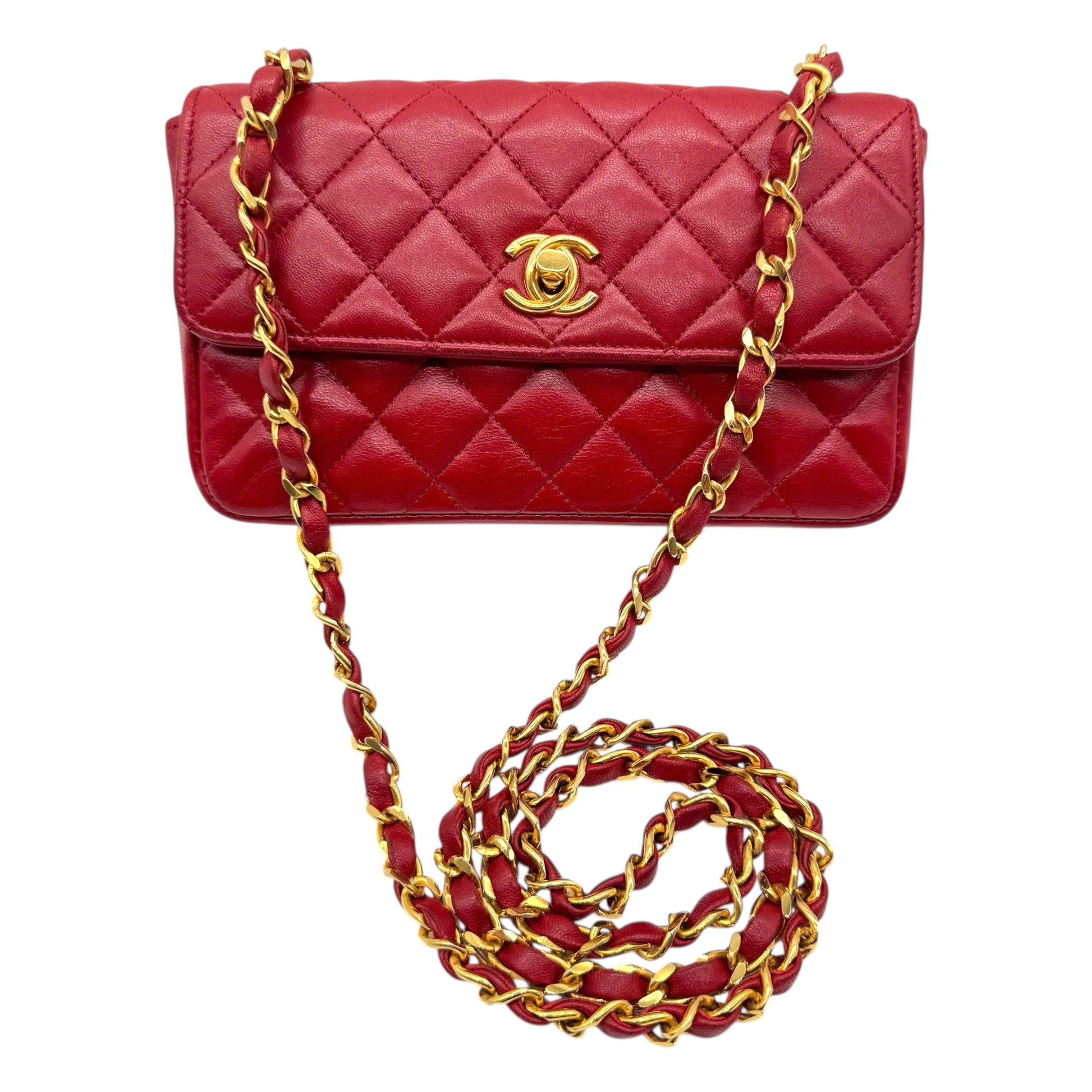 Chanel 90's Red Leather & Gold Hardware Mini Crossbody Flap Bag - Outfit Repeater