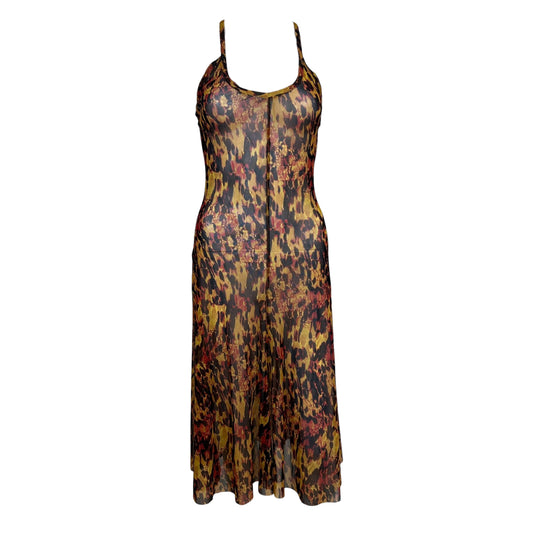 Jean Paul Gaultier Burgundy Mustard Spot Print Mesh Midi Dress