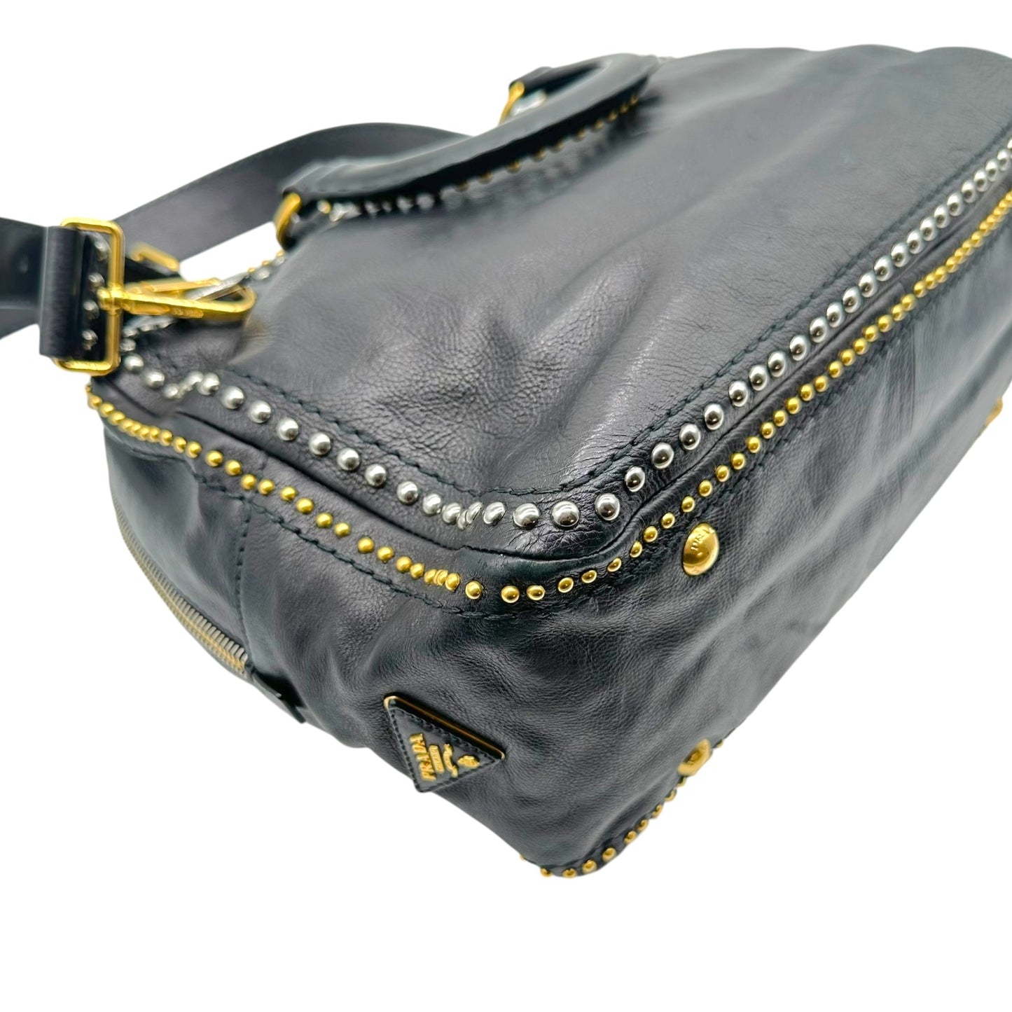 Prada Black Leather Studded 2-Way Bowler Bag