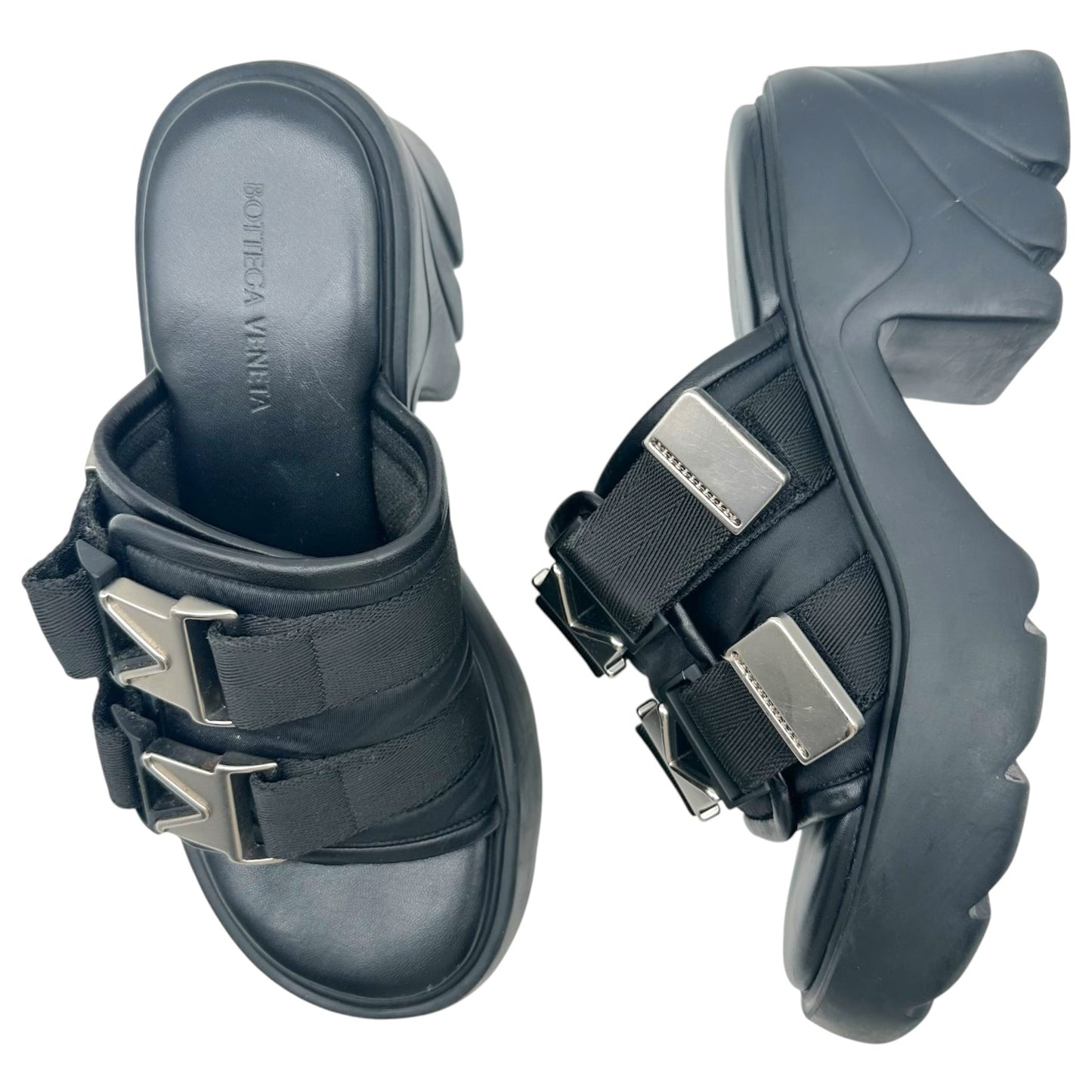 Bottega Veneta Black Silver Platform Heeled Slide Sandals