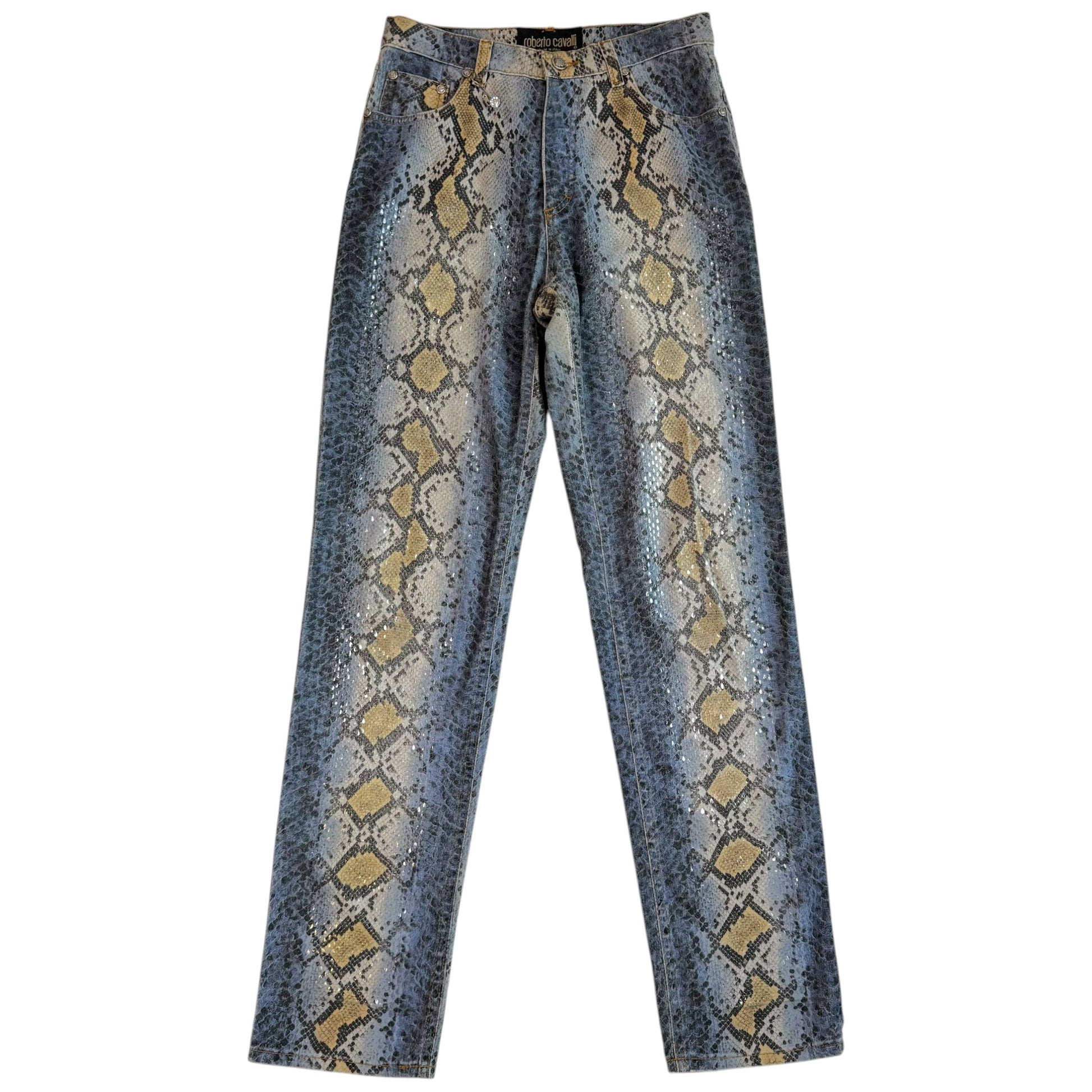 Roberto Cavalli Blue Snakeskin Print Sequin Jeans