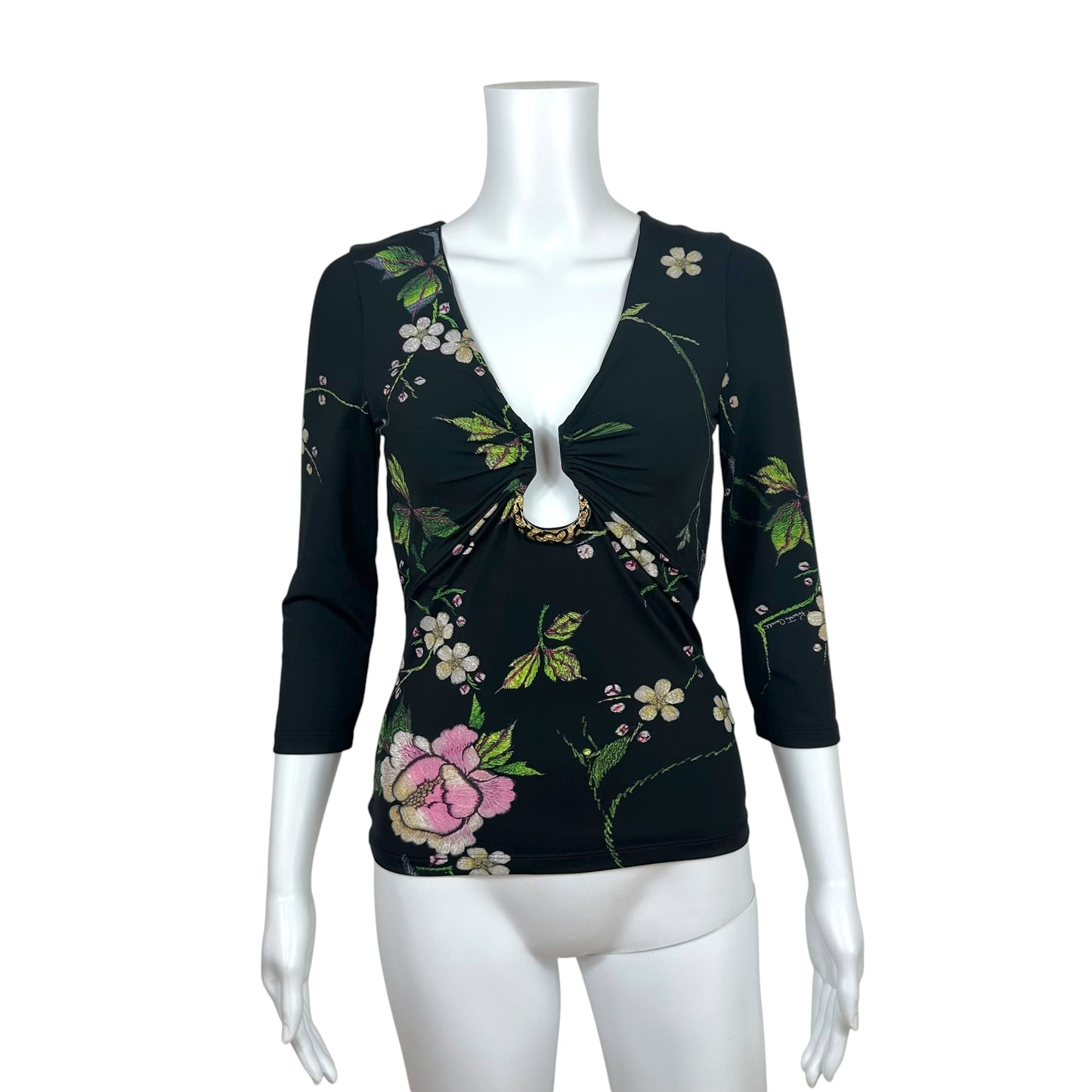 Roberto Cavalli Black Multicolor Floral & Snake Charm Plunge Neck 3/4 Sleeve Top