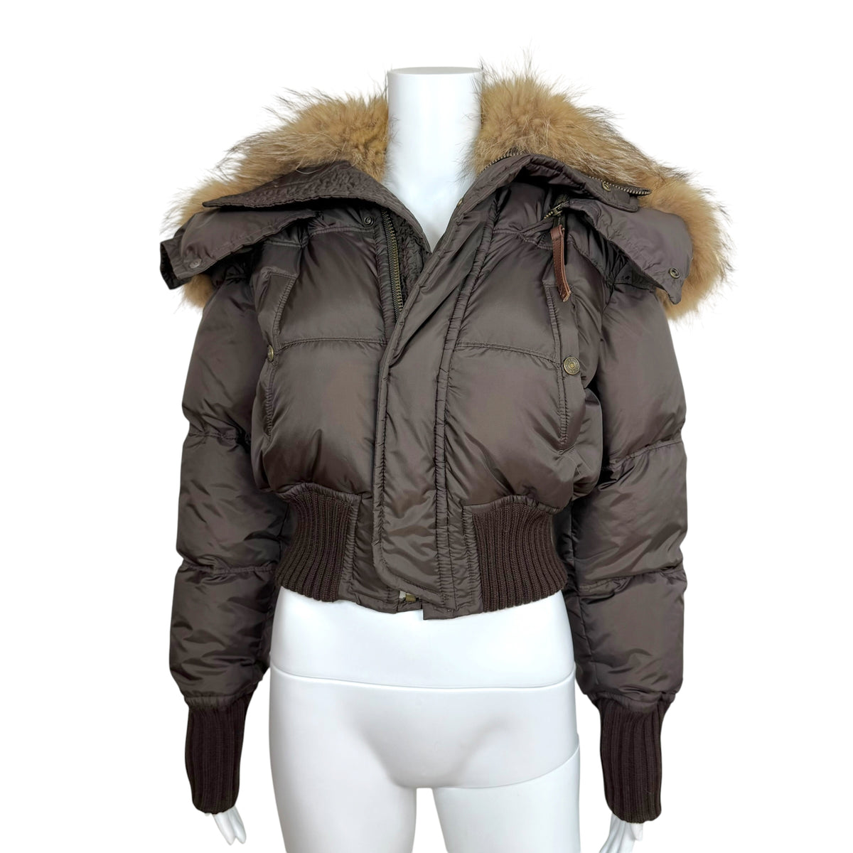 Dsquared2 Brown Fox Fur Trim Hood Cropped Down Fill Puffer Coat