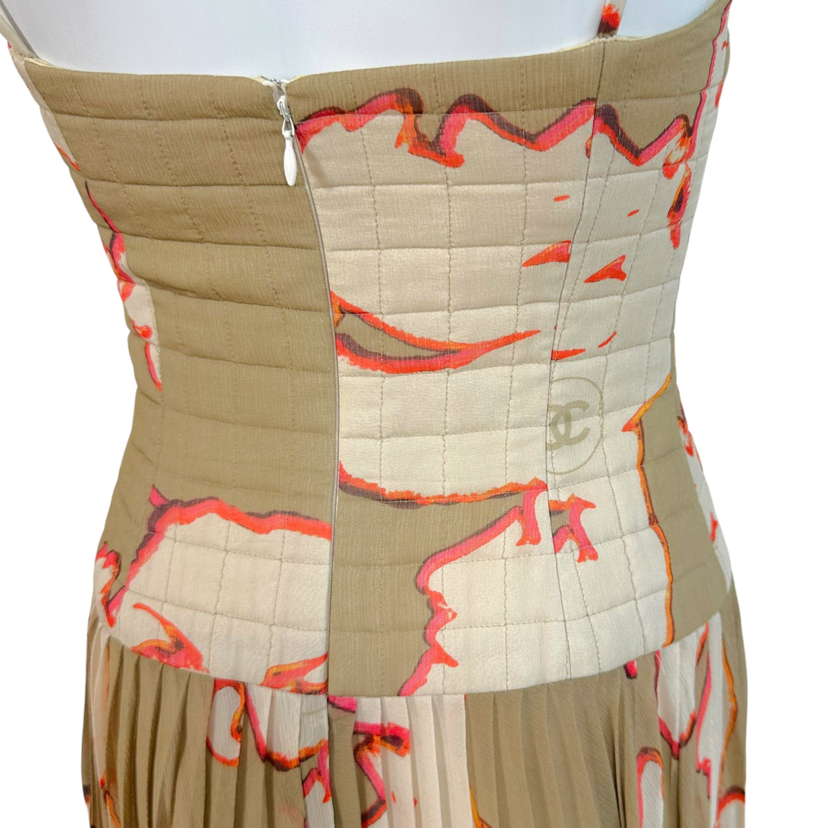Chanel Silk Pleated Maxi Dress Taupe Face Print