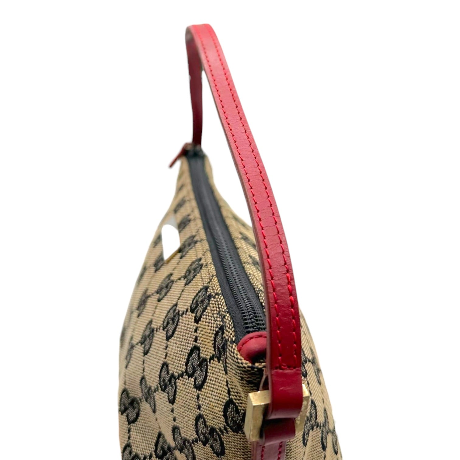Gucci Red Leather Gray Monogram Boat Pochette Bag