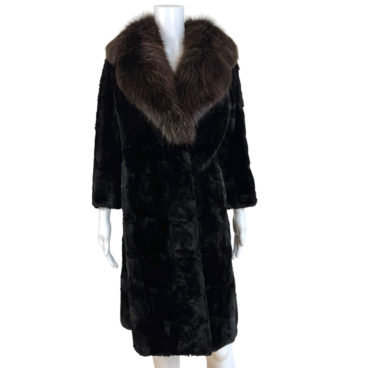 Black Sheared Mink Fur Coat With Fox Fur Collar