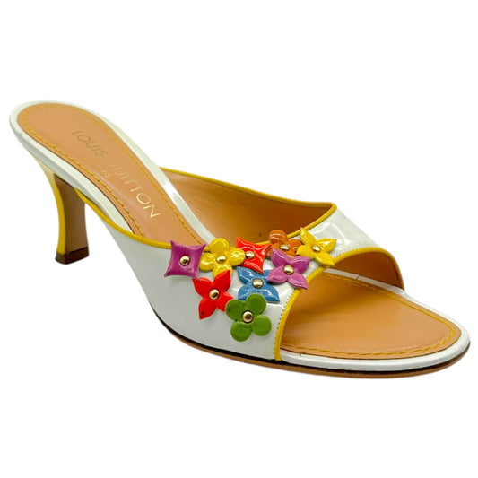 Louis Vuitton Multicolor Logo Flower Applique Kitten Heel Mules - Outfit Repeater