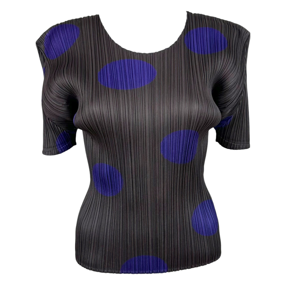 Issey Miyake Pleats Please Brown & Purple Polka Dot Print Short Sleeve Pleated Blouse Sz 3