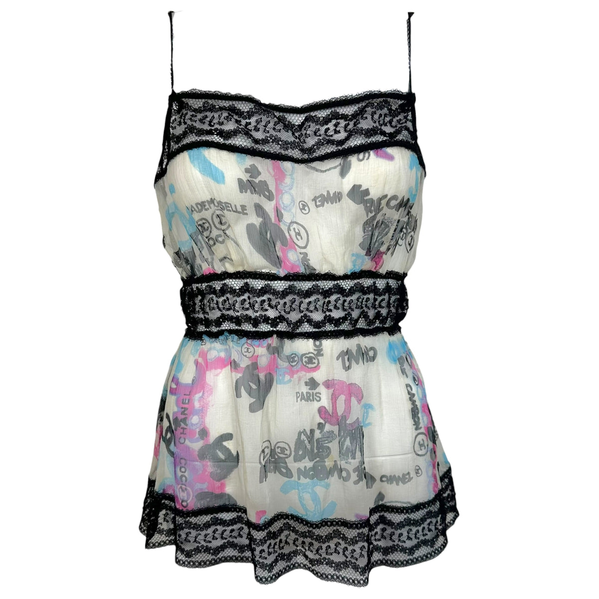 Chanel Cruise 2007 Sheer Silk & Lace Graffiti Logo Print Cami Blouse