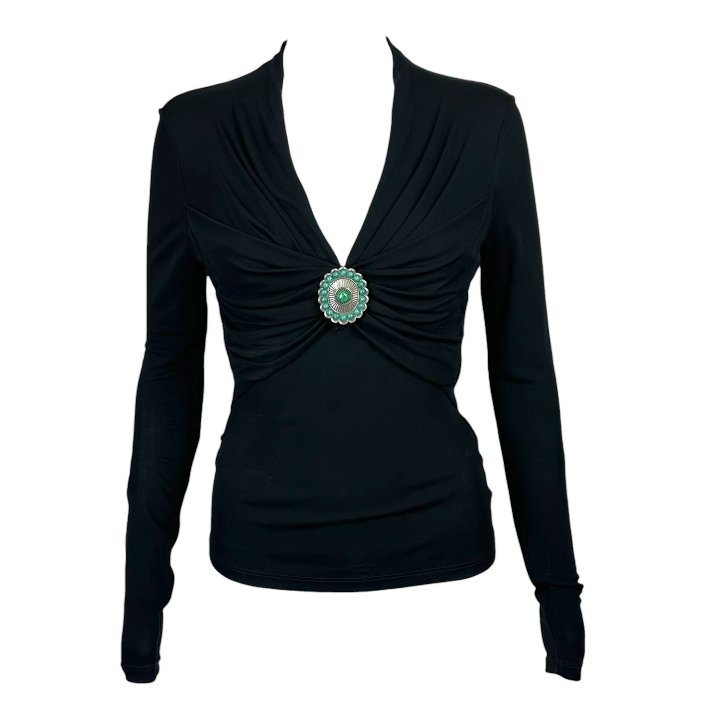 Roberto Cavalli Black V-Neck Blouse w/ Silver & Turquoise Applique