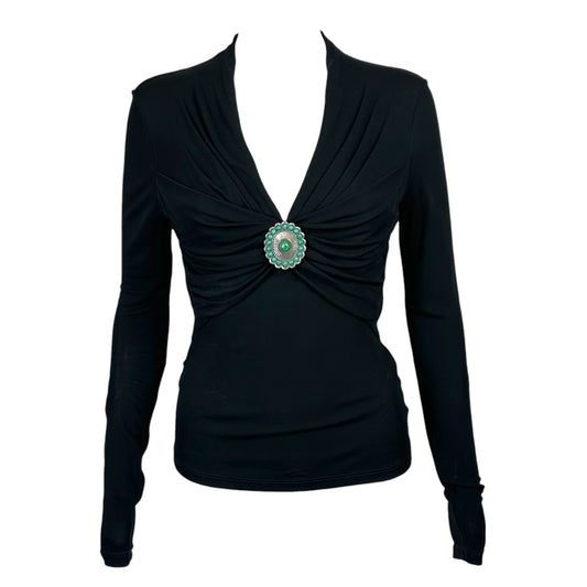 Roberto Cavalli Black V-Neck Blouse w/ Silver & Turquoise Applique