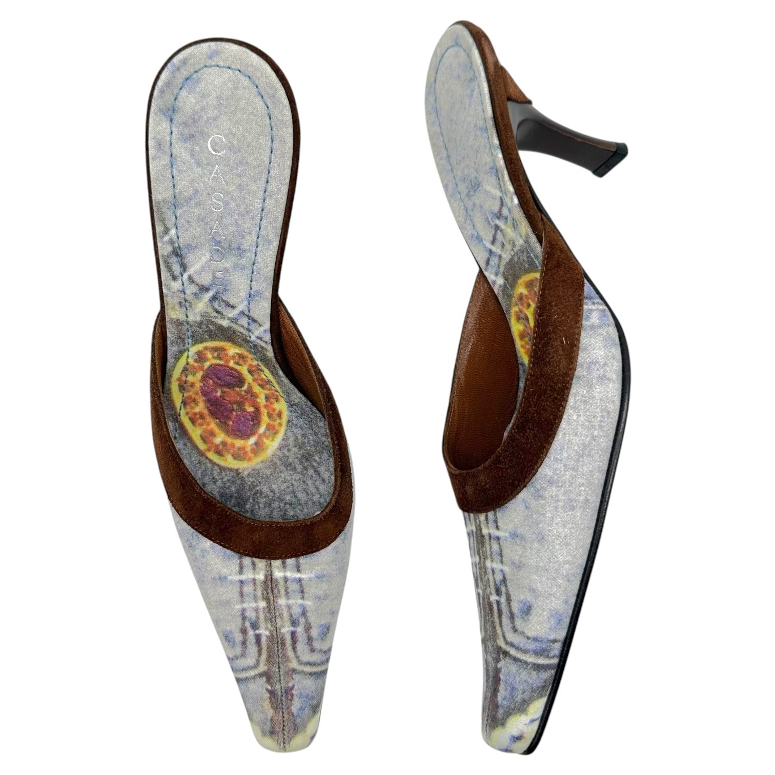 Casadei Denim Print Brown Suede Kitten Heel Mules