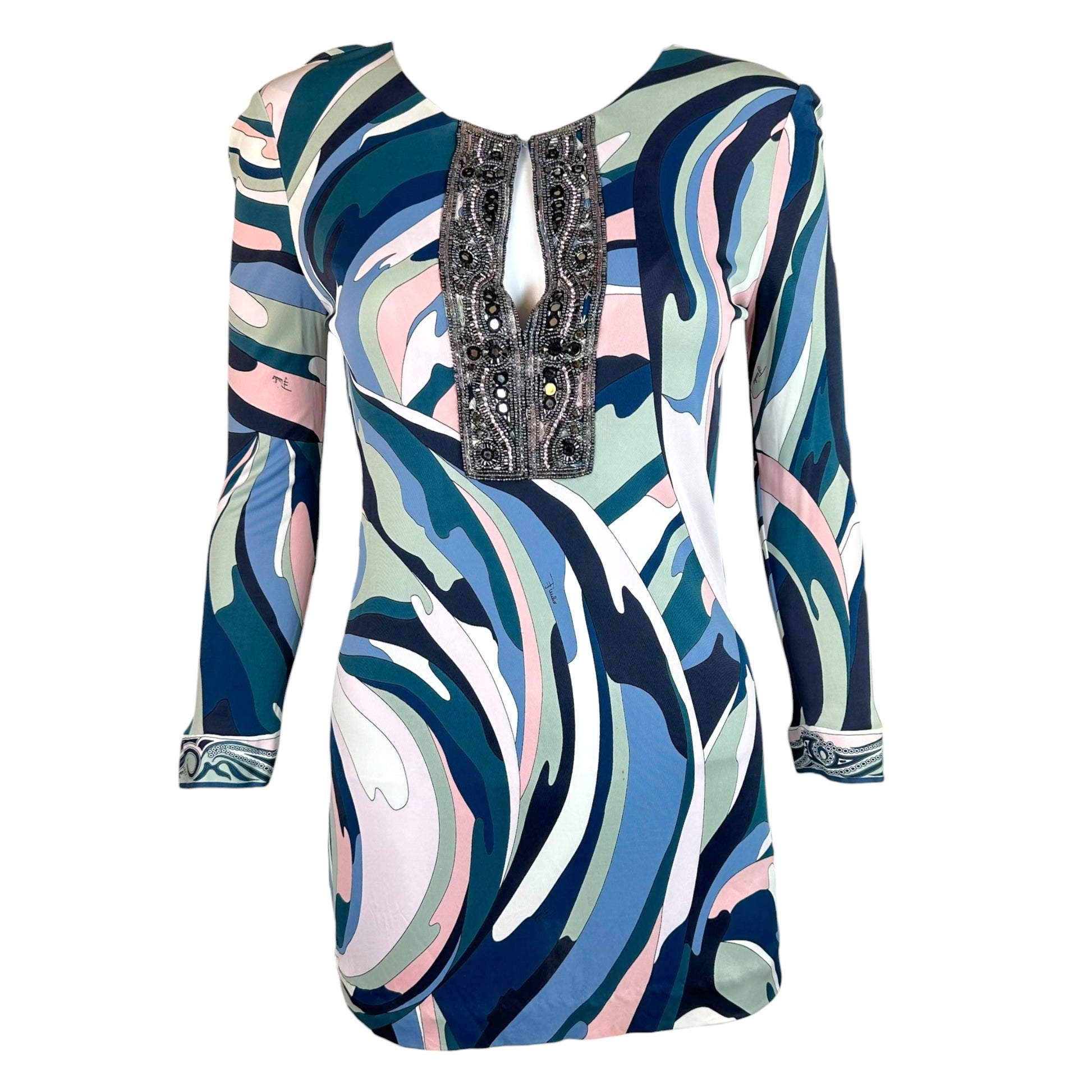 Emilio Pucci Longsleeve Mini Dress Pink Teal Beaded Neckline