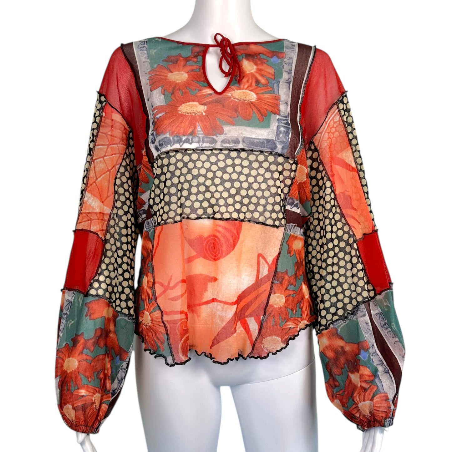 Jean Paul Gaultier Soleil Floral & Polka Dot Mesh Blouse Top