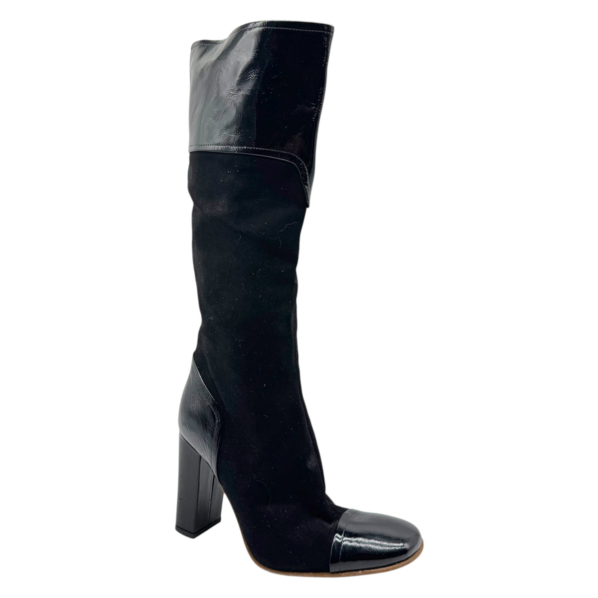 D&G Dolce & Gabbana Black Suede & Patent Leather Rounded Toe Heeled Boots