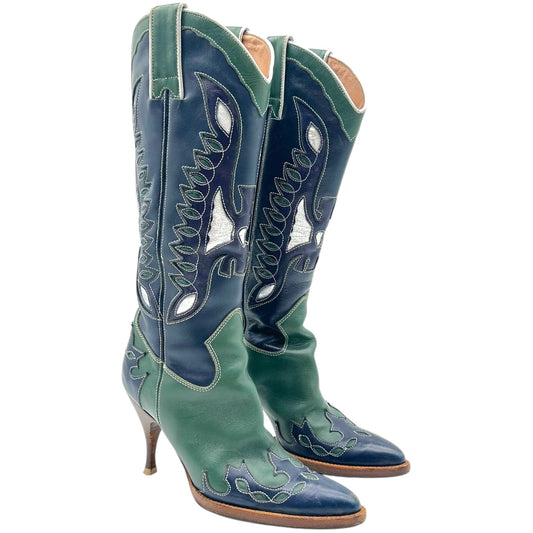 D&G Dolce & Gabbana Dark Green & Navy Heeled Cowboy Boots - Outfit Repeater