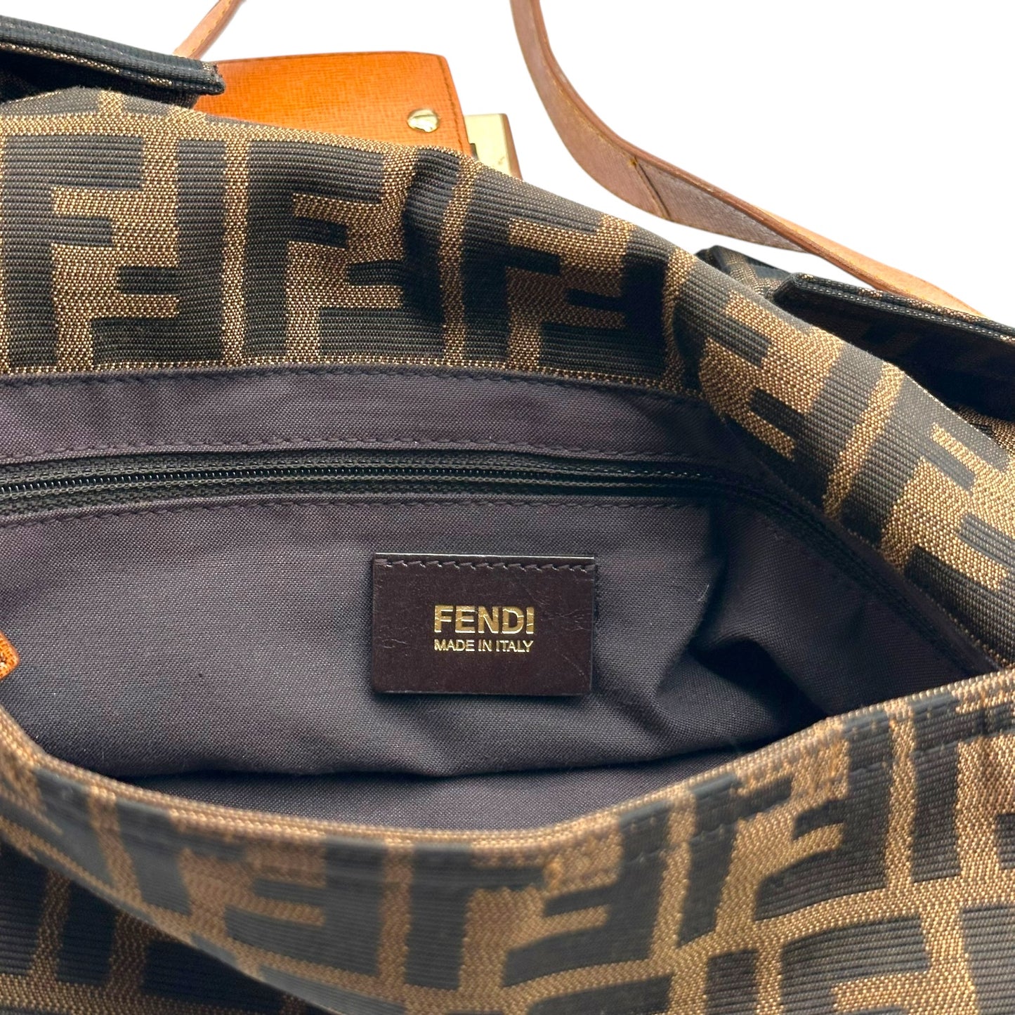 Fendi Classic Zucca Monogram & Cognac Leather Oversized Baguette Crossbody Bag