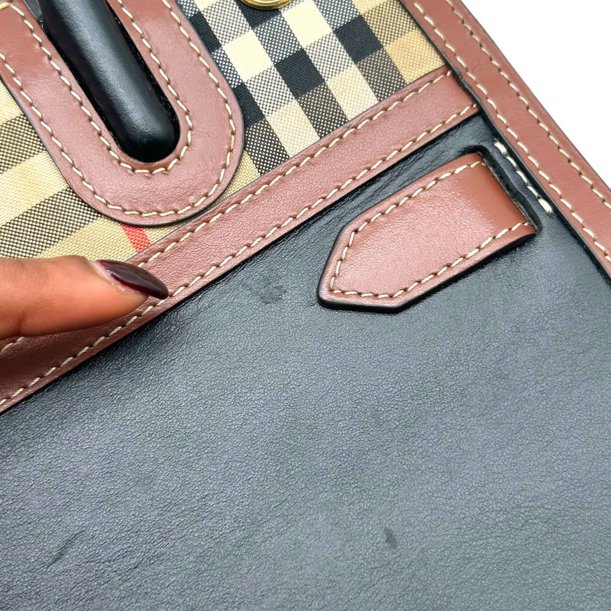 Burberry Mini Tote Bag Black Leather Nova Check Plaid