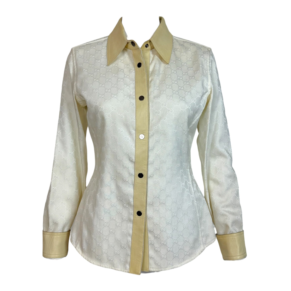 Gucci by Tom Ford 2000 White Monogram & Beige Leather Button-Up Blouse
