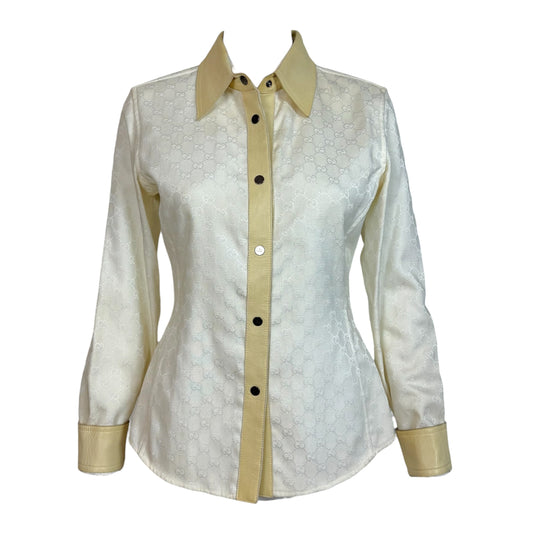 Gucci Button-Up Blouse White Monogram Beige Leather