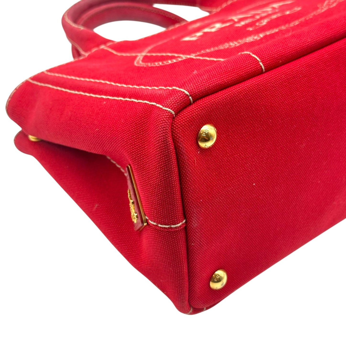 Prada Red & White Contrast Stitch Small Canapa 2-Way Tote Bag