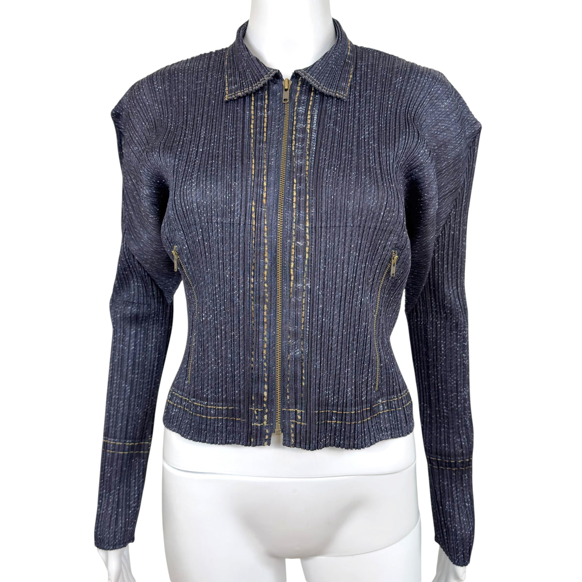 Issey Miyake Pleats Please Dark Wash Denim Printed Pleated Crop Zip-Up Top Sz 4