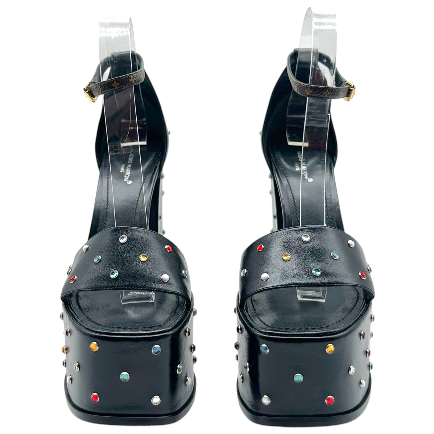 Louis Vuitton 2023 Multicolor Rhinestone Studded Black Leather Platform Sandals