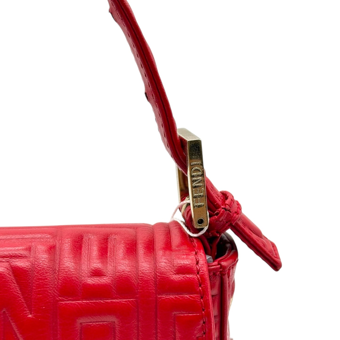 Fendi Red Leather Embossed Logo Baguette Bag