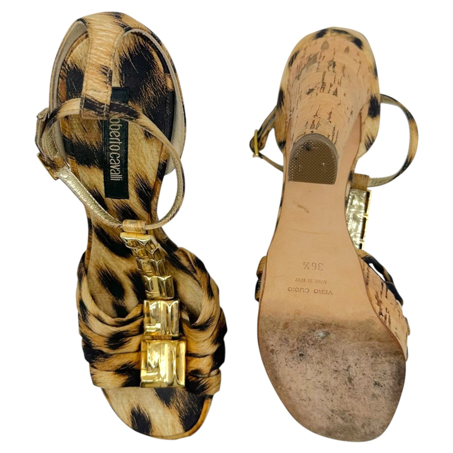Roberto Cavalli Leopard Satin & Gold Embellished Cork Platform Sandal Heels