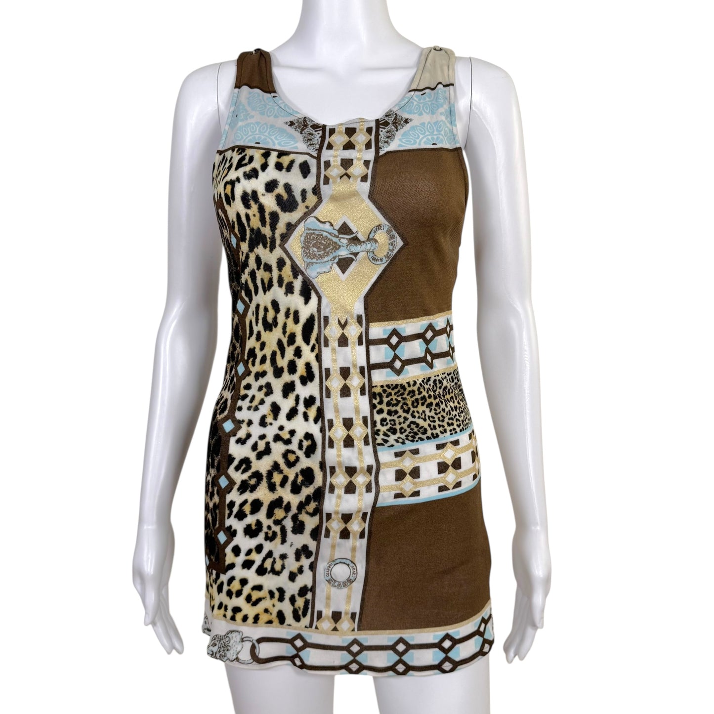 Roberto Cavalli Class Blue & Brown Printed Open Back Tank - Outfit Repeater