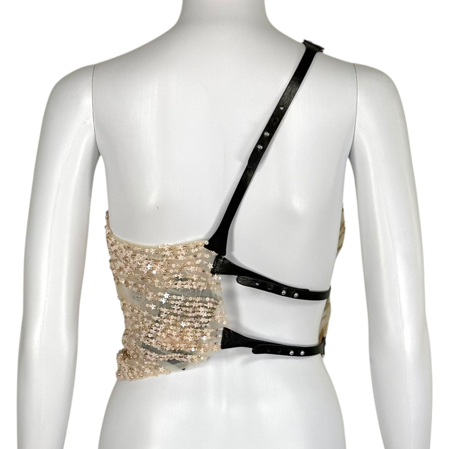 Dsquared2 F/W 2023 Runway Sample Semi-Sheer Sequin & Leather One Shoulder Crop Top
