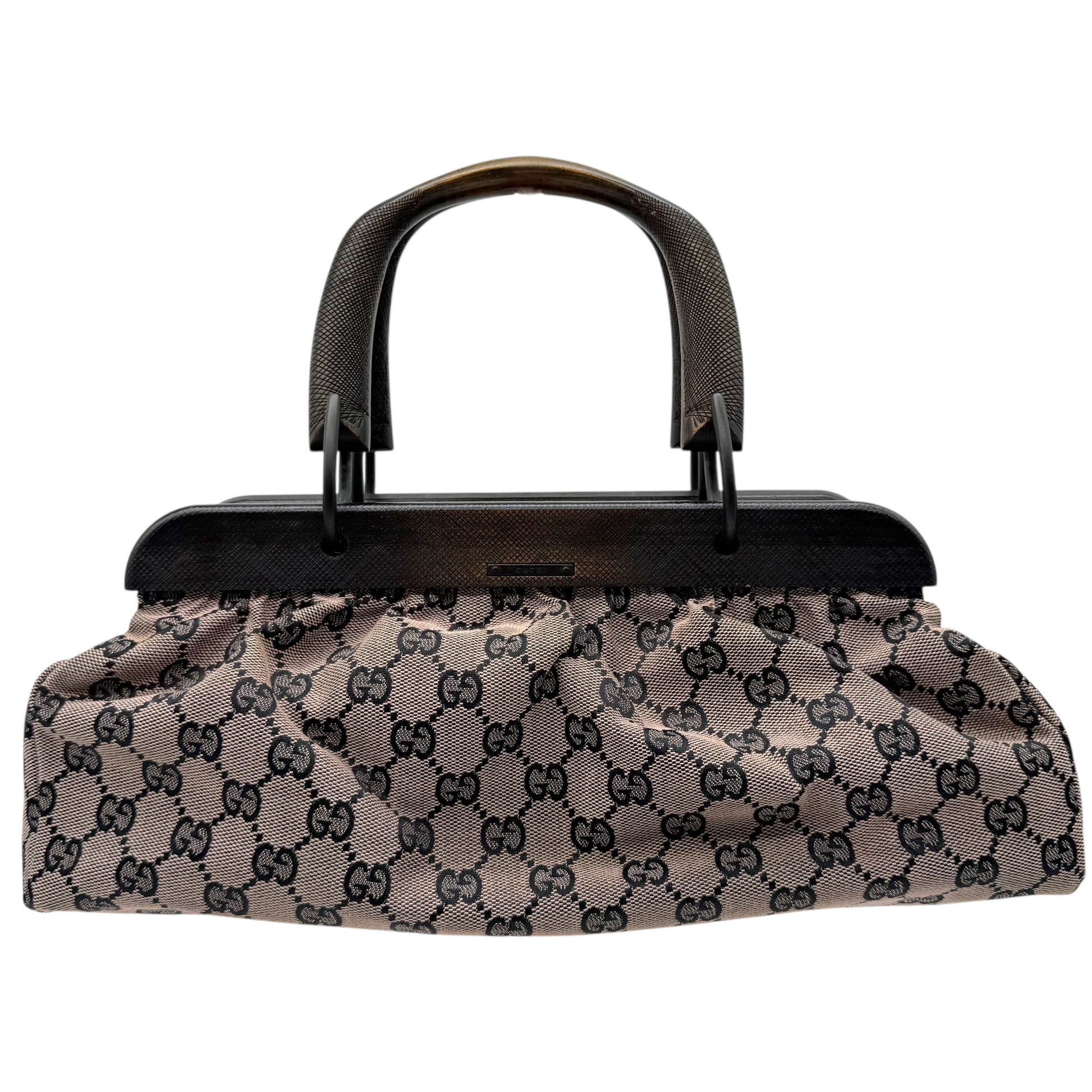 Gucci by Tom Ford Beige & Black Monogram Wooden Handle Bag - Outfit Repeater