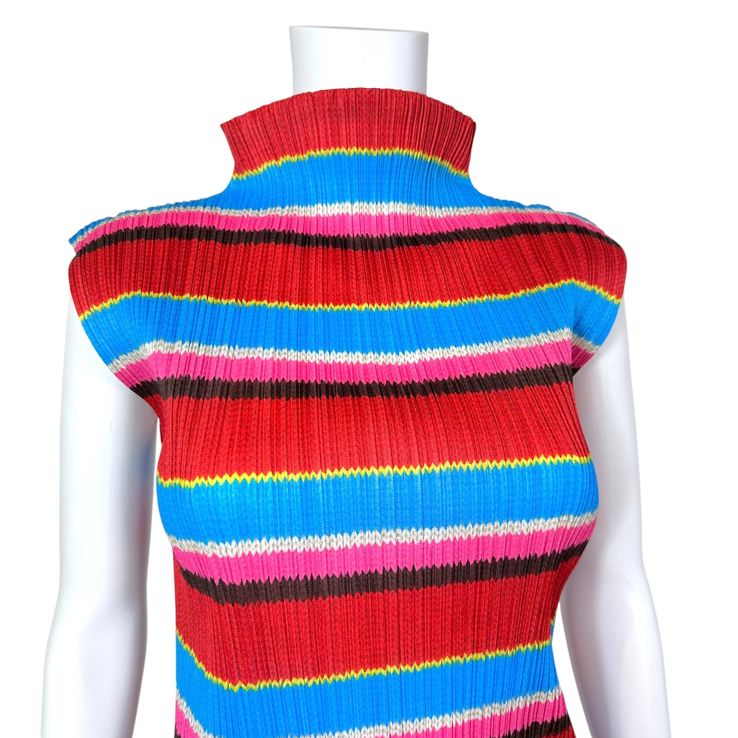 Issey Miyake Pleats Please Striped Sleeveless Mock Neck Maxi Dress