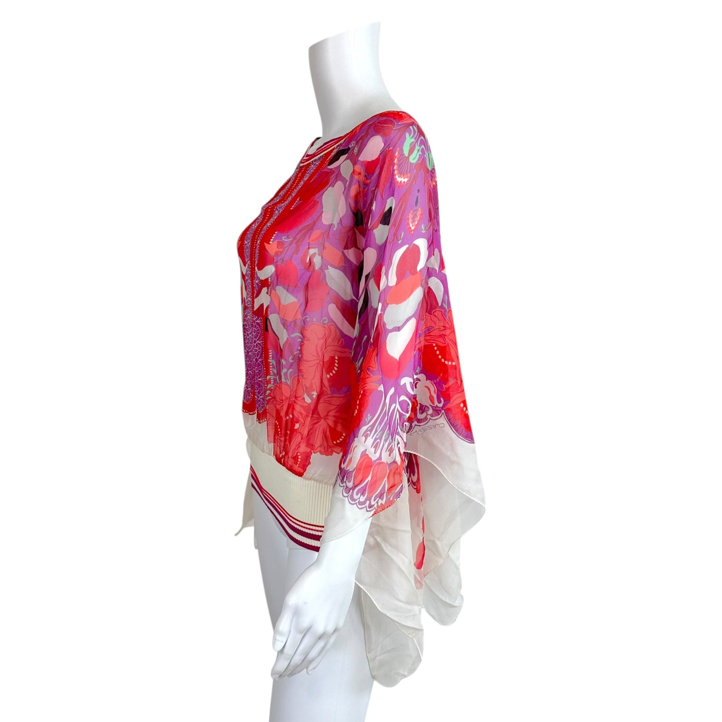 Roberto Cavalli Class White & Red Floral Print Sheer Silk Wide Sleeve Blouse
