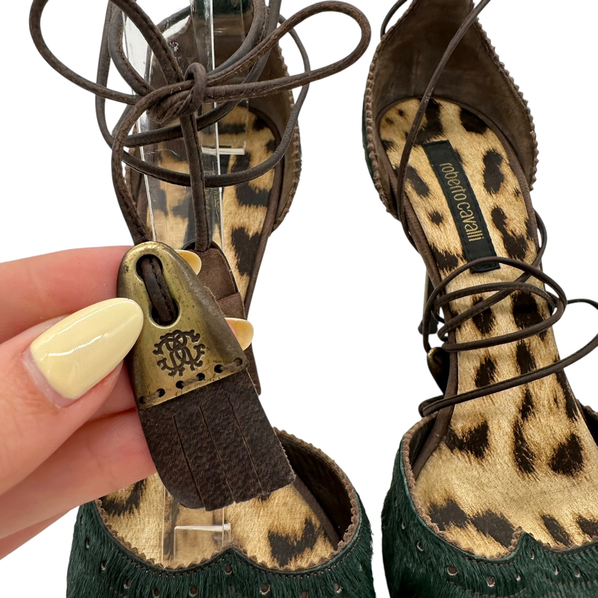 Roberto Cavalli Dark Green Ponyhair Wrap Heels - Outfit Repeater